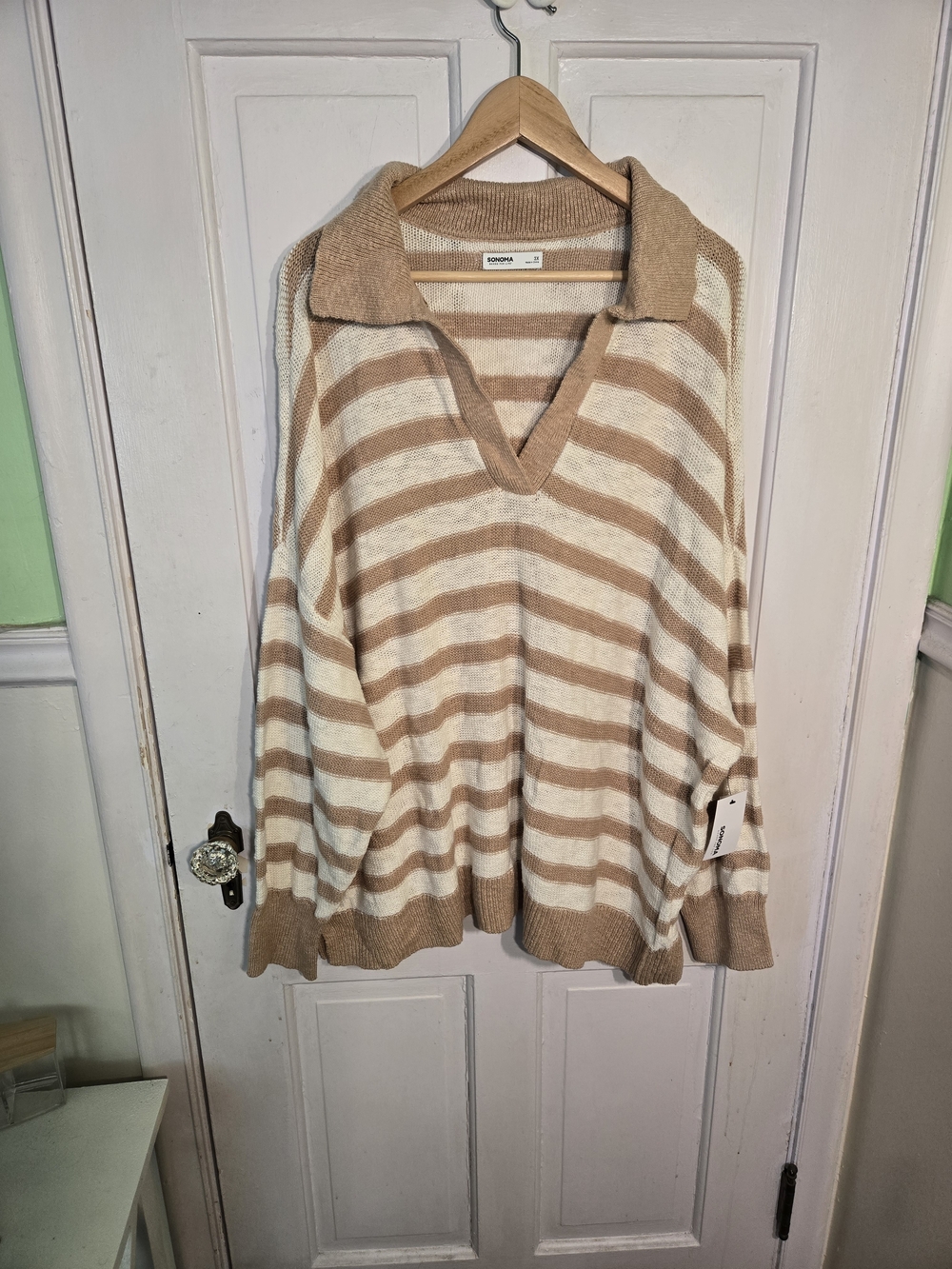 Sonoma Striped V-Neck Sweater in Cream and Tan Size 3x